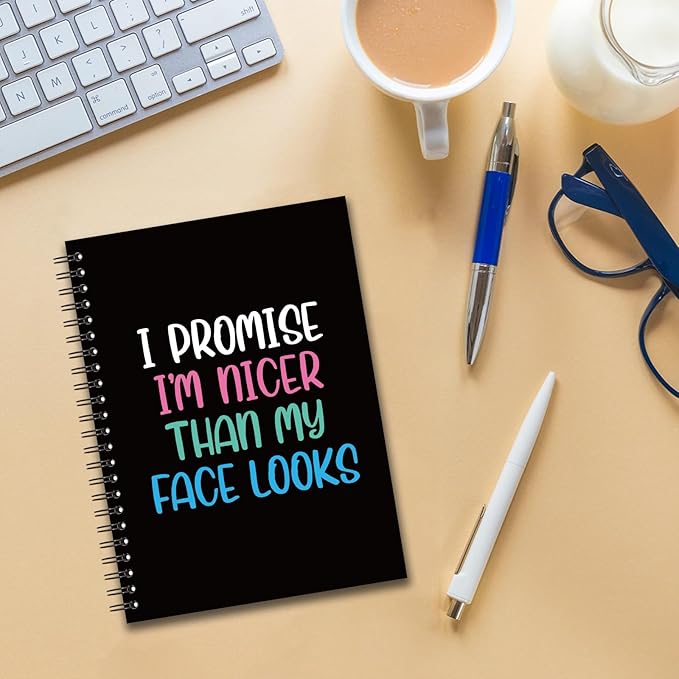 YAZMEEN Funny Saying Blank Spiral Notebook（160 Pages） I Promise I'm Nicer Than My Face Looks Hardcover Sketchbook Office Journal Gift Funny Gag Gift Notebook for Women Men Employee Colleague Friend