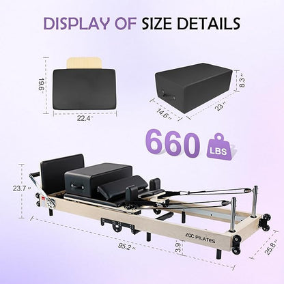 Pilates Reformer, Maple Wooden Foldable Pilates Reformer Machine with 6 Springs,Sitting Box, Padded Jump Board, 660lbs Capacity for Home Workouts Studio Yoga