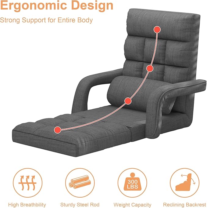 Adjustable Floor Gaming Chair for Adults, 6-Position Chaise Lounge Chair with Meditation Arm, Foldable Lazy Sofa with Pillow, Comfy Chair Indoor for Bedroom Dorm Living Room, Charcoal