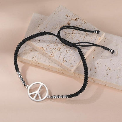 LIKGREAT Peace Adjustable Beaded Bracelet Peace Sign Symbol Pendant Handmade Braided Wax Cords Bracelet for Women