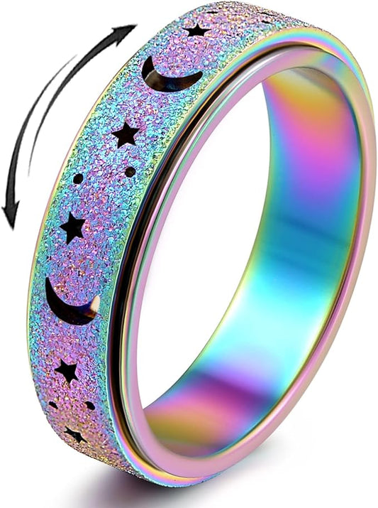 Anxiety Ring for Women Spinner Ring Fidget Ring Fidget Toys Adults Stainless Steel Thumb Rings for Women Fidgit Ring Men Moon Star Rainbow 6