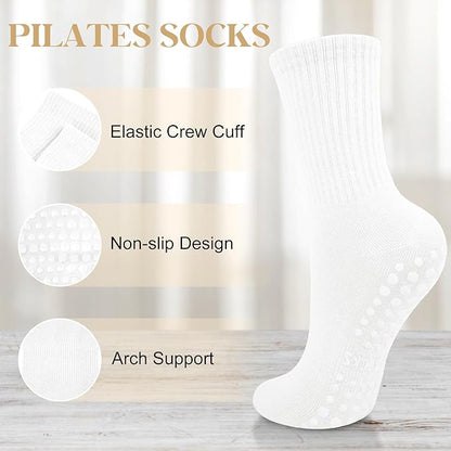 Justay 6 Pairs Pilates Socks with Grips for Women Soft Non Slip Crew Cotton Athletic Workout Barre Hospital Yoga Socks