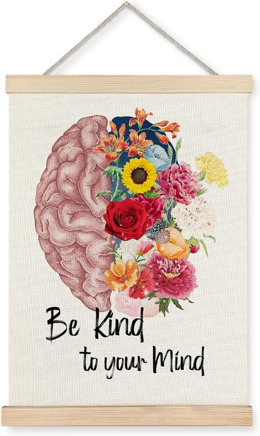 JINYO Mental Health Wall Decor, Be Kind to Your Mind Floral Brain Wall Art Poster, Mental Health Canvas Prints Wall Decor for Therapy Counselor Office Calming Corner, 12x16 Inches