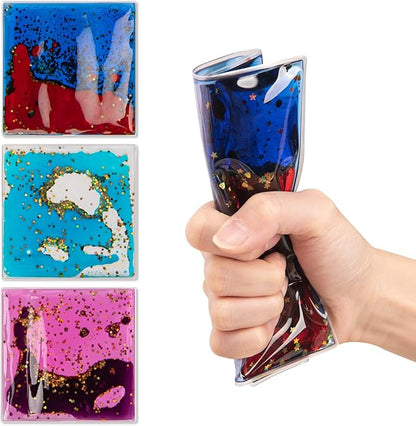 Art3d 6”x6” Square Sensory Fidget Liquid Motion Tiles for Kids, Toddler, Teens - Interactive Soft Gel Liquid Play Mats for Home, Schools, Playrooms, Multi-Pack of 3 Tiles