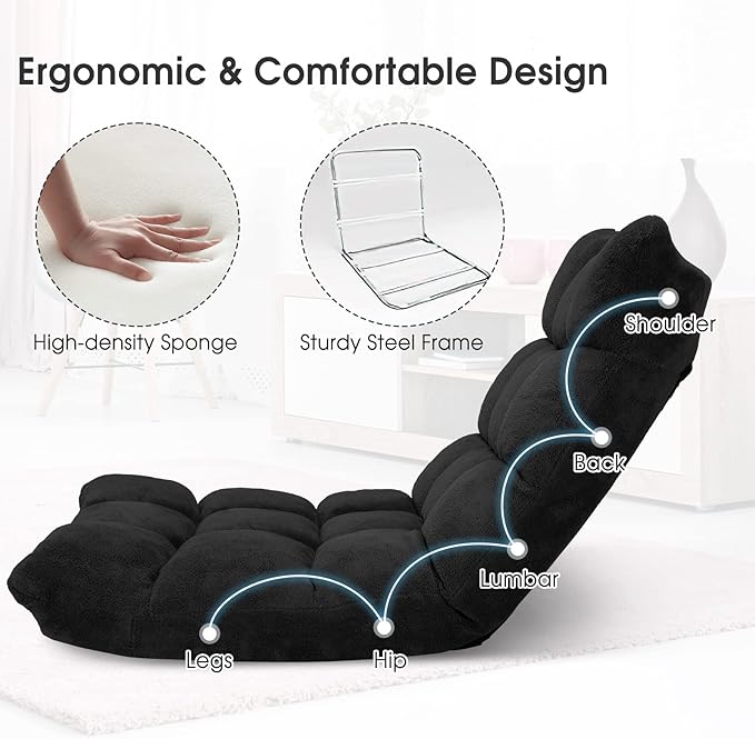 GORELAX Floor Chair with Back Support, 14-Position Adjustable Folding Gaming Chair Recliner, Meditation Chair with Steel Frame, Padded Lazy Sofa Chair for Adults, Kids (Black)