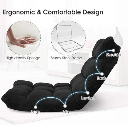 GORELAX Floor Chair with Back Support, 14-Position Adjustable Folding Gaming Chair Recliner, Meditation Chair with Steel Frame, Padded Lazy Sofa Chair for Adults, Kids (Black)