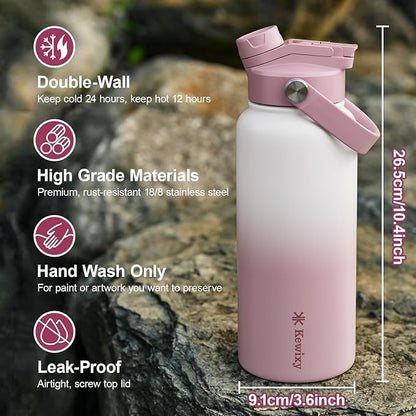 32 oz Insulated Water Bottle, 2-in-1 Lid, Straw & Spout with Protected, Leak Proof, Keep Cold, Stainless Steel, Metal, Reusable, Handle, for Outdoor, Gym and School, 2 Lids, Iced Plum