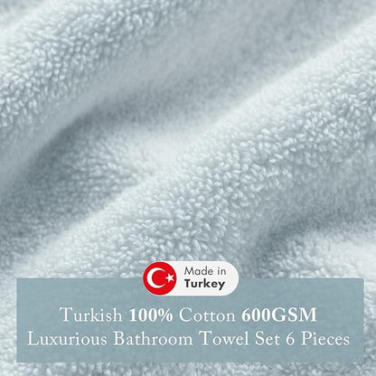 Madison Park Turkish 100% Cotton 600Gsm Luxury Premium Thick Soft Absorbent Hotel Bathroom Towel Set Shower Hand Face Washcloths, Assorted Sizes, Light Blue 6 Piece