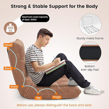 Moccha 14-Position Floor Chair, Folding Sofa Chair with Back Support, Memory Foam Floor Gaming Chairs for Adults, Adjustable Padded Couch Recliner Sleeper Bed for Reading, Meditating, Beige