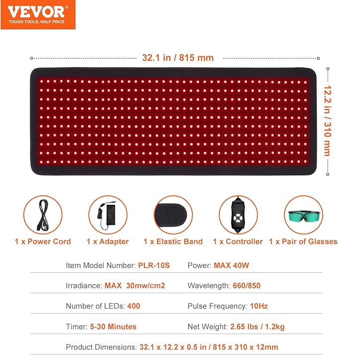 VEVOR Red Light Therapy Mat for Body, 400PCS 3-Chip LED Light Therapy Pad with Controller, 10Hz Pulse, 5-30 Min Timer, 660nm Red & 850nm Near Infrared Light Therapy Blanket for Pain Relief, Skin Healt