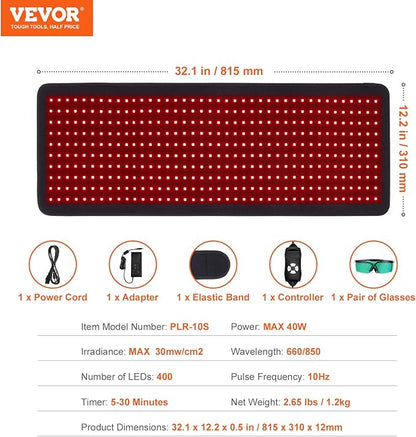 VEVOR Red Light Therapy Mat for Body, 400PCS 3-Chip LED Light Therapy Pad with Controller, 10Hz Pulse, 5-30 Min Timer, 660nm Red & 850nm Near Infrared Light Therapy Blanket for Pain Relief, Skin Healt