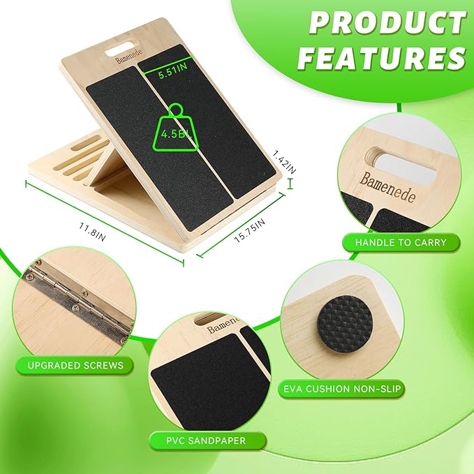 Adjustable Slant Board - Portable Wooden Incline Board, Calf Stretcher for Exercise, Stretching, Squats & Physical Therapy (Knees/Ankle)