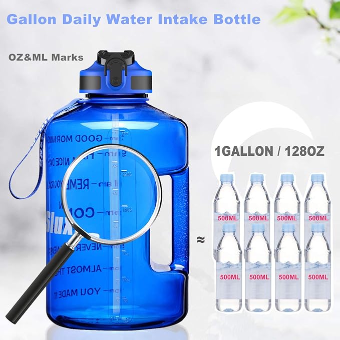 1 Gallon Motivational Sports Water Bottle with Time Marker, BPA Free 128oz Leak Proof Jug, Black, Plastic, 128 ounces, Fitness, Sports, Outdoor Activities