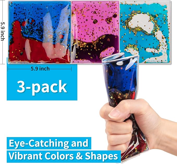 Art3d 6”x6” Square Sensory Fidget Liquid Motion Tiles for Kids, Toddler, Teens - Interactive Soft Gel Liquid Play Mats for Home, Schools, Playrooms, Multi-Pack of 3 Tiles
