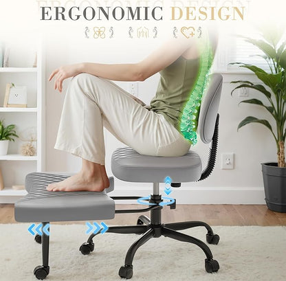 Furmax Ergonomic Criss Cross Legged Office Chair with Wheels, 360°Swivel Adjustable Height Kneeling Desk Chair with Footrest for ADHD, Yoga, Meditation, Home Office (Leather, Gray)