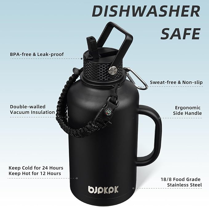 BJPKPK Half Gallon Insulated Water Bottles with Straw Lid & Side Handle, 50oz, 64oz, 87oz, 128oz Large, Stainless Steel Water Bottles with 3 Lids and Paracord Strap, Metal Water Jug,Black