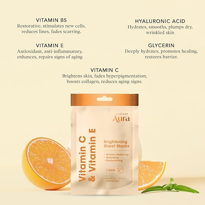Face Sheet Mask with Vitamin C & E - Dermatologist Tested Korean Beauty Mask for Brightening & Deep Hydration -Premium Facial Treatment for Glowing & Rejuvenated Skin -15 Pack