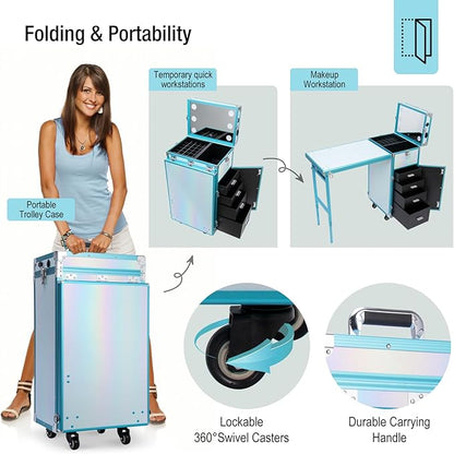 Icoget Portable Nail Table Desk for Nail Teach, Upgraded Rolling Manicure Table Makeup Station w/Speaker and Led Light, Foldable Traveling Nail Desk Organizer Cart