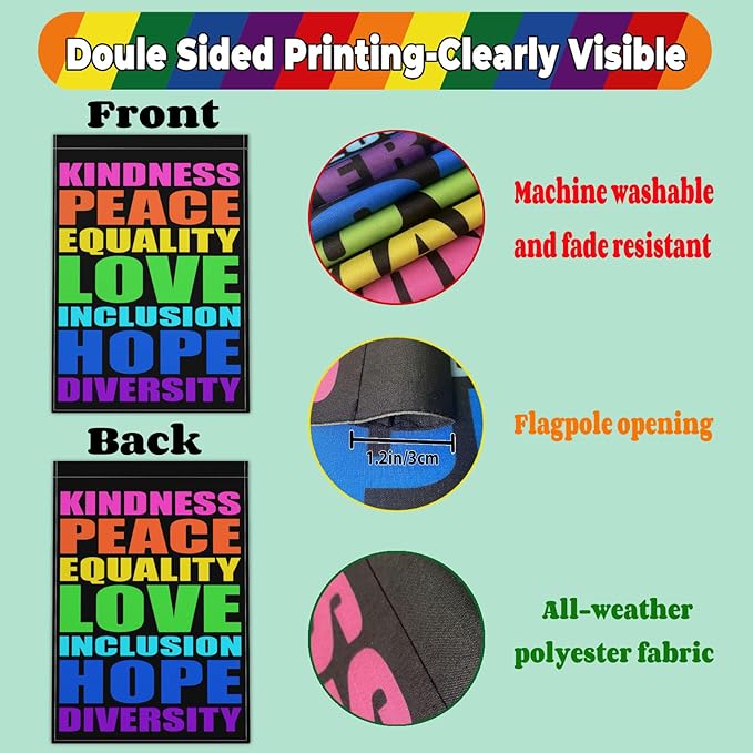 Pride Garden Flag 12x18 Inch Kindness Peace Equality Love Inclusion Hope Diversity Garden Flag 3ply Fabric Vertical Double Sided Printing for Outdoor House Yard Outside Garden Decor