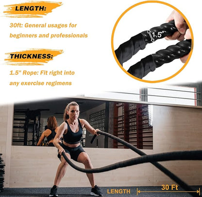Leogreen 1.5" 30ft Heavy Battle Rope, Exercise Training Rope with Anchor Strap and Wall Mount Bracket Kit, Workout Rope with Protective Sleeve for Home Gym Cardio, Core Strength Training, Black