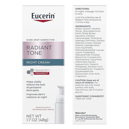 Eucerin Radiant Tone Night Cream, Dark Spot Corrector with Thiamidol, Night Moisturizer for Face Helps Visibly Reduce the Look of Persistent Dark Spots, All Skin Types, 1.7 Oz Bottle