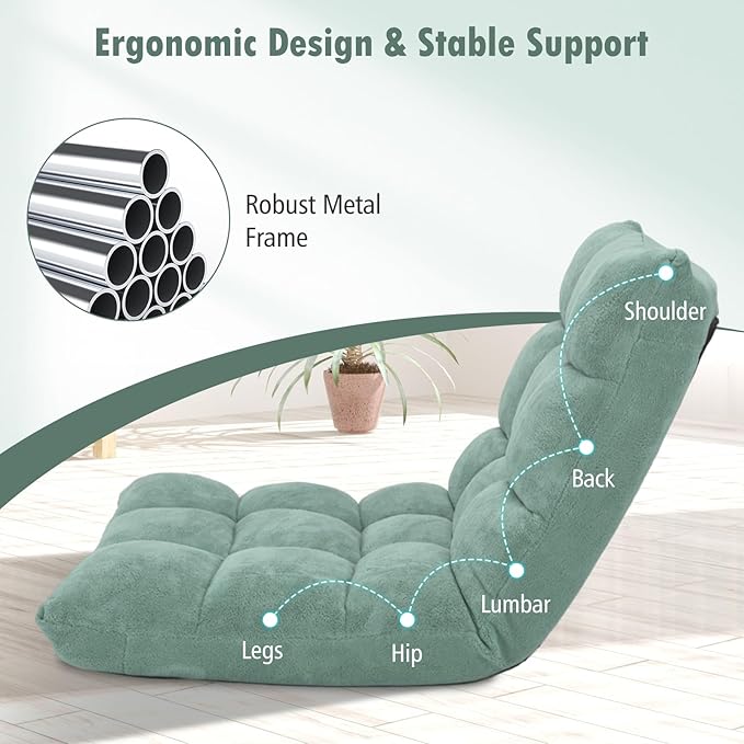 Moccha 14-Position Floor Sofa, Folding Sofa Chair with Back Support, Memory Foam Floor Gaming Chairs for Adults, Adjustable Padded Couch Recliner, Chaise Lounge for Reading, Meditating (Green)