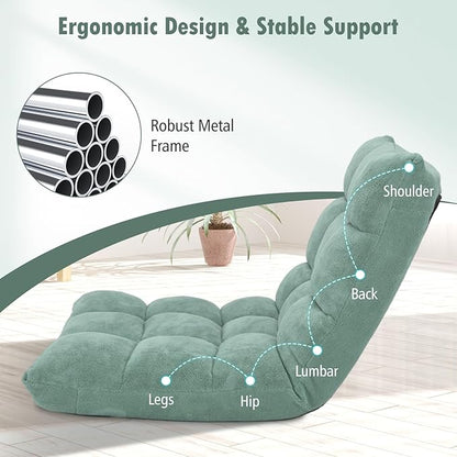 Moccha 14-Position Floor Sofa, Folding Sofa Chair with Back Support, Memory Foam Floor Gaming Chairs for Adults, Adjustable Padded Couch Recliner, Chaise Lounge for Reading, Meditating (Green)