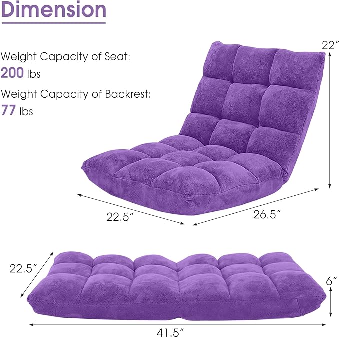 Moccha 14-Position Floor Chair, Folding Sofa Chair with Back Support, Memory Foam Floor Gaming Chairs for Adults, Adjustable Padded Couch Recliner Sleeper Bed for Reading, Meditating, Purple