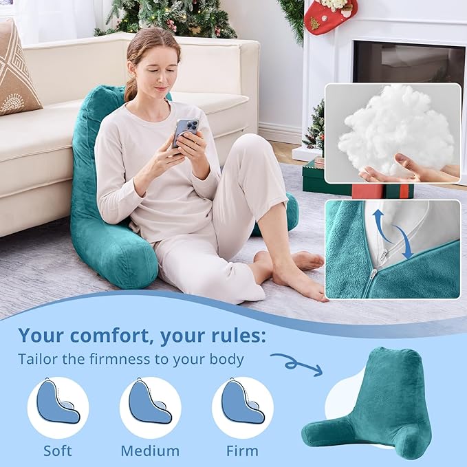 Sasttie 25-inch Reading Pillows for Sitting in Bed Adult, Jumbo Velvet Back Pillow Bed Sitting Up, XL High Back-Rest Support Cushion for Sit Up on Couch & Floor, Oeko-Tex Certified, Teal Blue