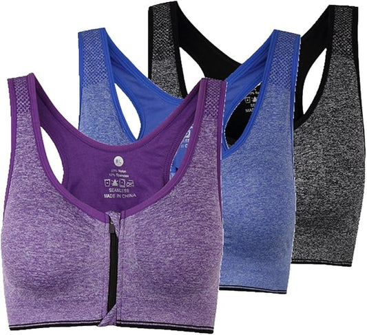 Women's Zipper Front Closure Sports Bra Racerback Yoga Bras
