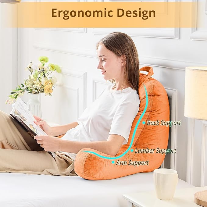 Sasttie Reading Pillow, Velvet Back Pillow for Bed Sitting Up, Adult Back-Rest Support Cushion with Arms for Sit Up on Couch, Sofa, and Floor, Dorm Essentials, Reading Accessories, Orange