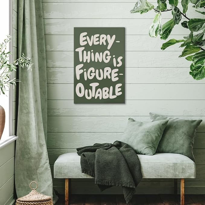 Everything is Figureoutable Motivational Canvas Wall Art Print Uplifting Quote Inspirational Art Poster Green Office Affirmation Wall Decor Minimalist Picture Painting Home Decor 20x30inch Framed