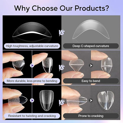 Short Gel Nails Kit: 312pcs Almond Clear Press on Nail Tips - Professional Acrylic Nail Extensions Full Cover Pre-Shaped Fake Nails for Salon DIY at Home with 12 Sizes