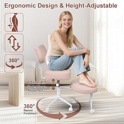 Meditation Chair, Cross Legged ADHD Office Chair for Adults with Wheels Ergonomic Back Support and Leg Rest for Multi Position Criss Cross Sitting Kneeling and Yoga Height Adjustable, Leather Style