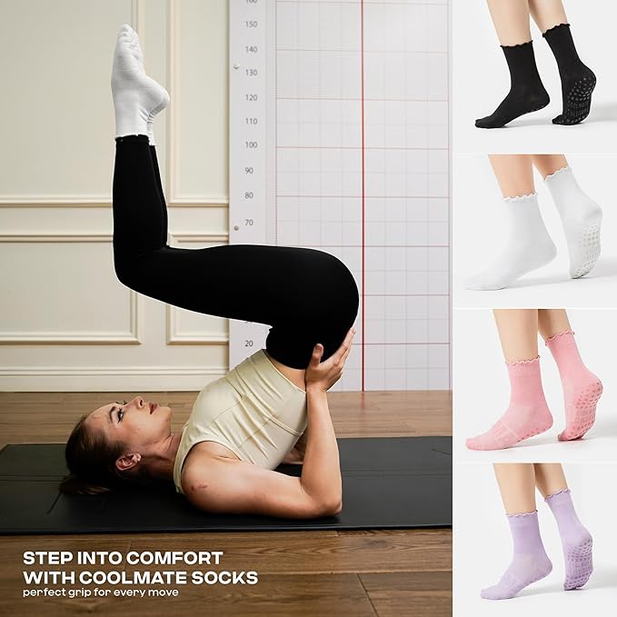 CoolMate Pilates Socks with Grips for Women, Yoga Socks, Crew Non Slip Women for Workout, Barre, Pilates Gifts