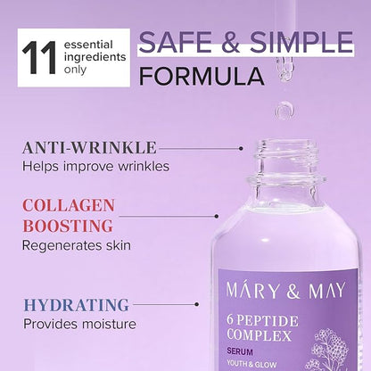 Mary&May 6 Peptide Complex Serum - Korean Anti-Aging Face Treatment for Wrinkle Reduction, Skin Firmness & Hydration, EWG Verified, Fragrance Free, 2.71 fl.oz.