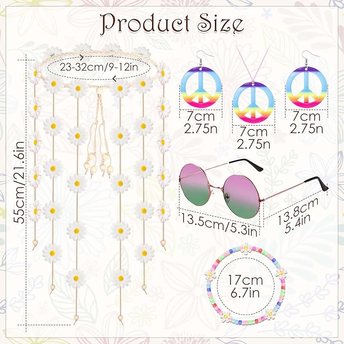 6 Pcs Hippie Costume Accessories Set, Flower Hippie Headband Boho Peace Sign Necklace Earrings Sunglasses Bracelet