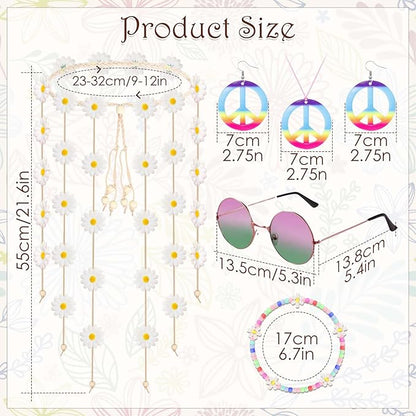 6 Pcs Hippie Costume Accessories Set, Flower Hippie Headband Boho Peace Sign Necklace Earrings Sunglasses Bracelet