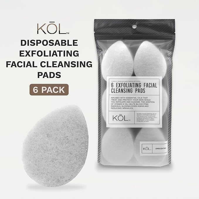 KOL Face Scrubber, Unscented Essential Oil Infused Exfoliating Facial Cleansing Pads, Disposable Exfoliator Face Sponge for Daily Cleaning and Makeup Removal, 6 Count