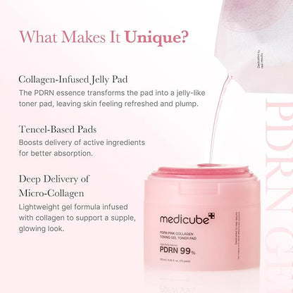 medicube Salmon DNA PDRN Pink Collagen Jelly Pad | Korean Gel Toner Pads with Niacinamide, Madecassoside, Retinol | Soothing, Radiance & Uneven Skin Tone | Korean Skin Care | 70Pads