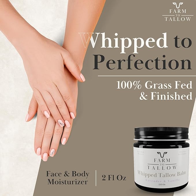 FARM TO TALLOW 100% Grass-Fed Beef Tallow for Skin, Face & Body – Lavender Vanilla Moisturizer Made with Olive Oil – Gentle & Hydrating Natural Skincare Cream for Dry, Sensitive Skin – 2 Oz