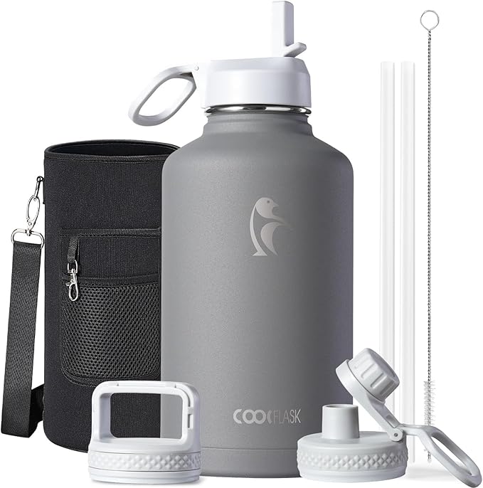 Half Gallon Water Bottle Insulated with Straw & 3 Lids, Coolflask 64 oz Water Jug Large Metal Stainless Steel Wide Mouth for Sports, Gym or Office, Non-BPA Keep Cold 48H Hot 24H, Dark Grey