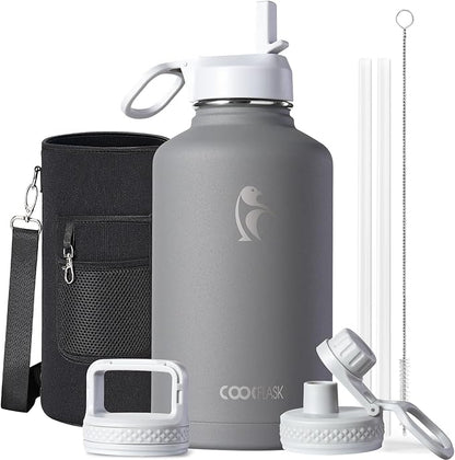 Half Gallon Water Bottle Insulated with Straw & 3 Lids, Coolflask 64 oz Water Jug Large Metal Stainless Steel Wide Mouth for Sports, Gym or Office, Non-BPA Keep Cold 48H Hot 24H, Dark Grey