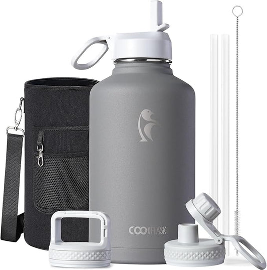 Half Gallon Water Bottle Insulated with Straw & 3 Lids, Coolflask 64 oz Water Jug Large Metal Stainless Steel Wide Mouth for Sports, Gym or Office, Non-BPA Keep Cold 48H Hot 24H, Dark Grey