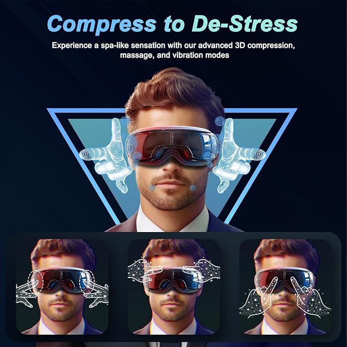 Eye Massager with Heat,Heated Eye Mask, Compression Massage,Eye Massager for Migraine Relief, Reduces Dark Circles & Strain, Improves Sleep, Ideal Gift for Men/Women,Black