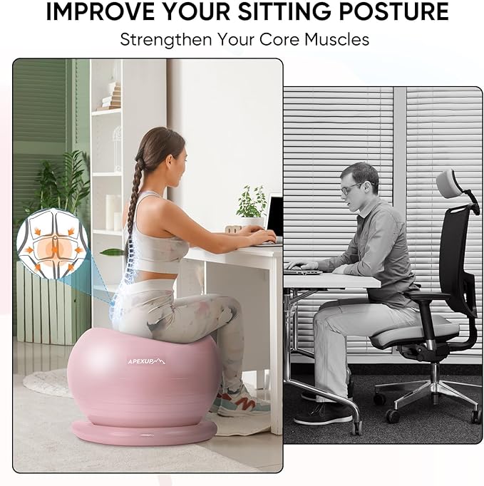 APEXUP Yoga Ball Chair, Exercise Ball Chair with Base for Office, Anti Slip Stability Ball Fitness Ball Seat, Home Gym Workout Ball, Balance Ball with Pump (Pink, L)