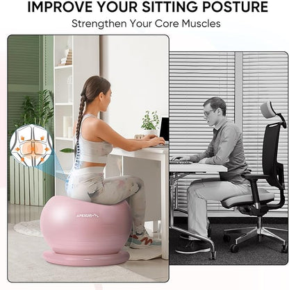 APEXUP Yoga Ball Chair, Exercise Ball Chair with Base for Office, Anti Slip Stability Ball Fitness Ball Seat, Home Gym Workout Ball, Balance Ball with Pump (Pink, L)