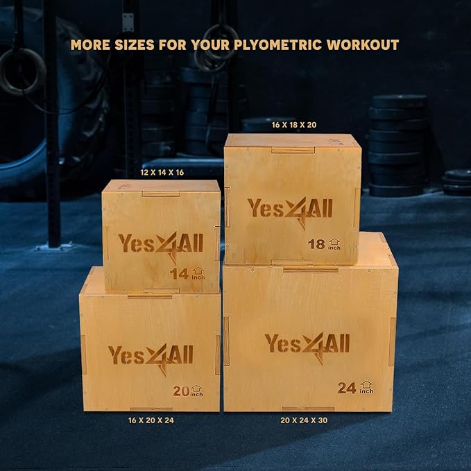 Yes4All Plyo Box, 3-in-1 Wooden Box Jumps for Home Gym (12/14/16 in), 450 lbs Boxes Step Up with Smooth Edges & Wide Built-in Handles for Jumping, Strength Training, Lunges, Squats, Dips