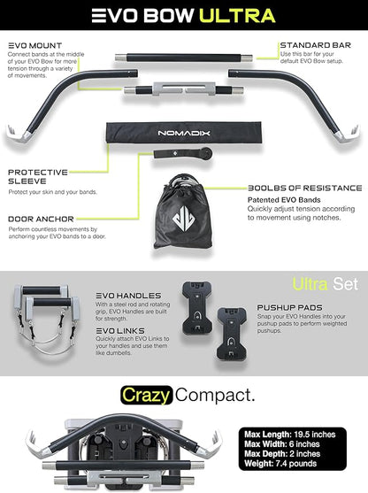 EVO Bow - All in One Portable Home Gym System | Compact Strength Training and Exercise Equipment for Travel with Notched Resistance Bands for Full Body Training and Weighted Pushups | 300lbs