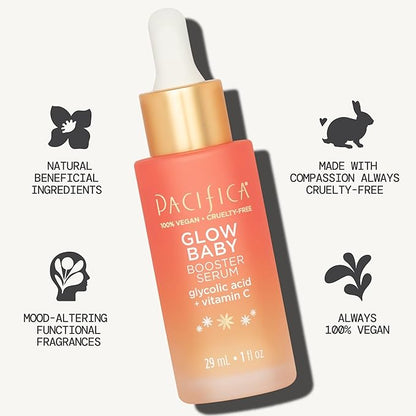 Pacifica Vitamin C Face Serum - Glow Baby Booster Facial Serum - Glycolic Acid Serum For Face - Dark Spot Corrector Anti Aging Brightening - Dermatologist Tested, Fragrance Free, Clean Skin Care Vegan